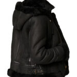 Womens Sheepskin Shearling Fur Pilot Aviator Hooded Jacket - Image 2