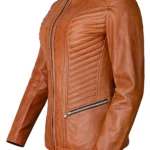 Women’s Biker Style Casual Brown Leather Jacket - Image 4