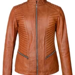 Women’s Biker Style Casual Brown Leather Jacket - Image 3