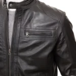 Black Leather Double Pockets Biker Jacket Men’s - Image 4