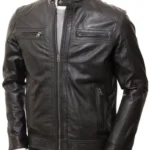 Black Leather Double Pockets Biker Jacket Men’s